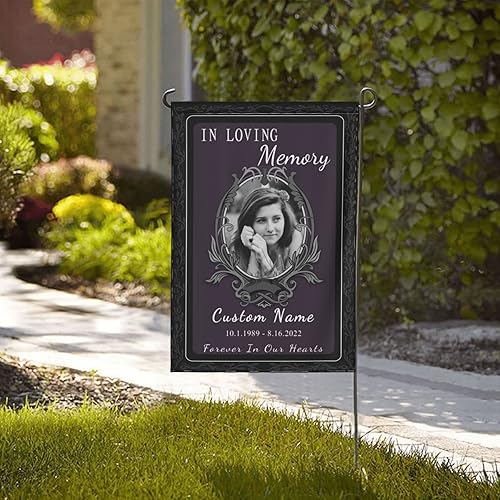 Miniatura 9 de Bandera conmemorativa personalizada con memoria amorosa banderas de jardín personalizadas con fecha de nombre de foto letrero funerario