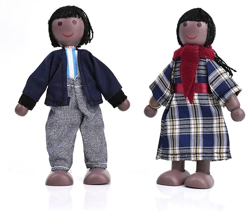 Miniatura 3 de Casa de muñecas de madera, 7 piezas, figuras familiares con 2 mascotas (perro y gato) para niñas y niños pequeños, accesorios de casa de muñecas