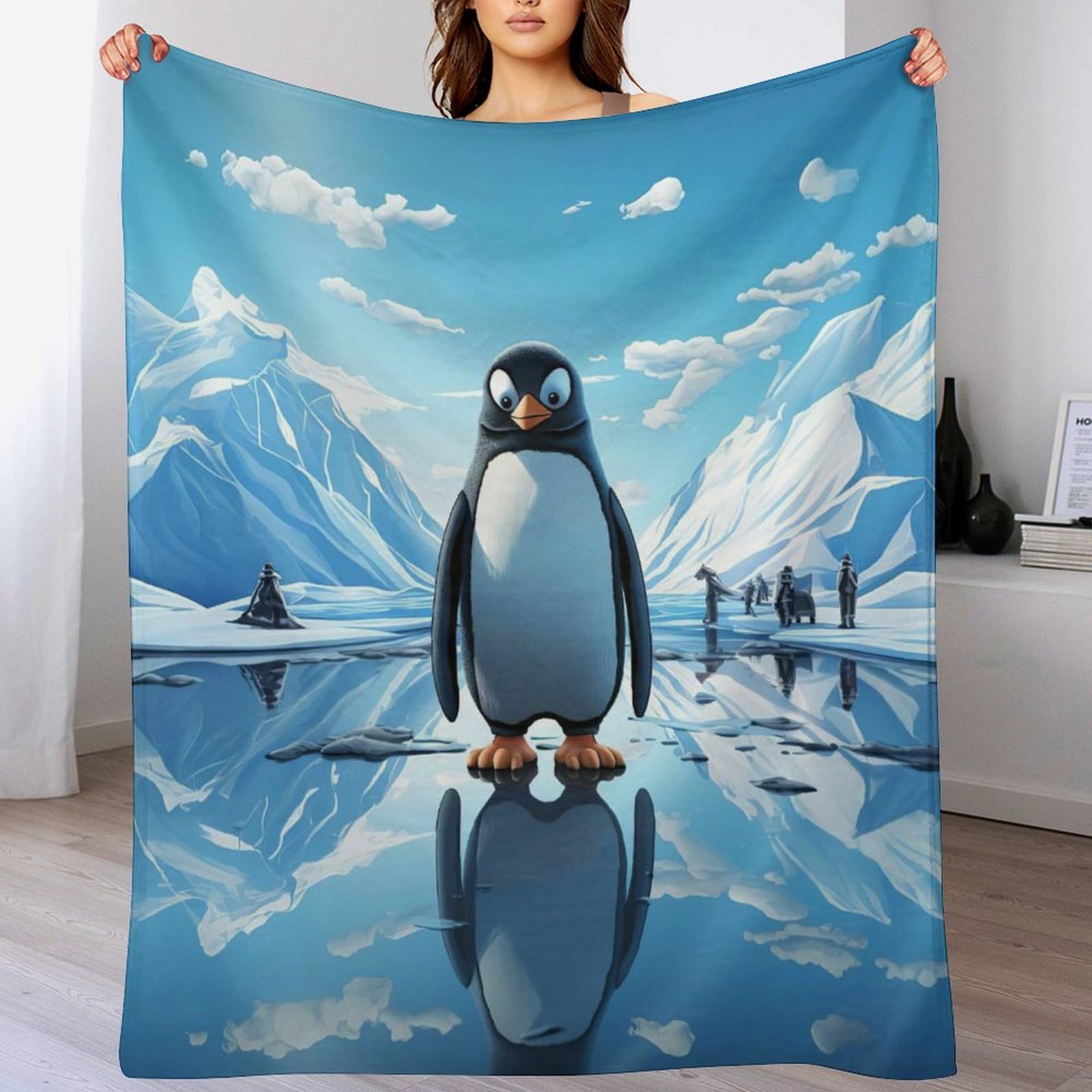 Couverture polaire flannel pingouins plaid léger 140x180cm toutes saisons pour lit