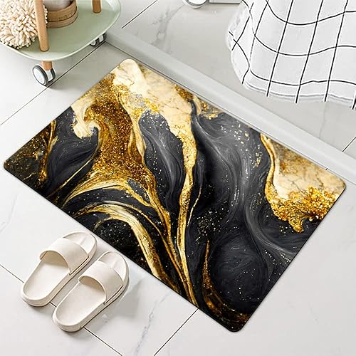 Miniatura 4 de Tapete de baño de tierra de diatomeas, textura de mármol negro, gris, dorado, volumen antideslizante, súper absorbente, de secado rápido, para baño,