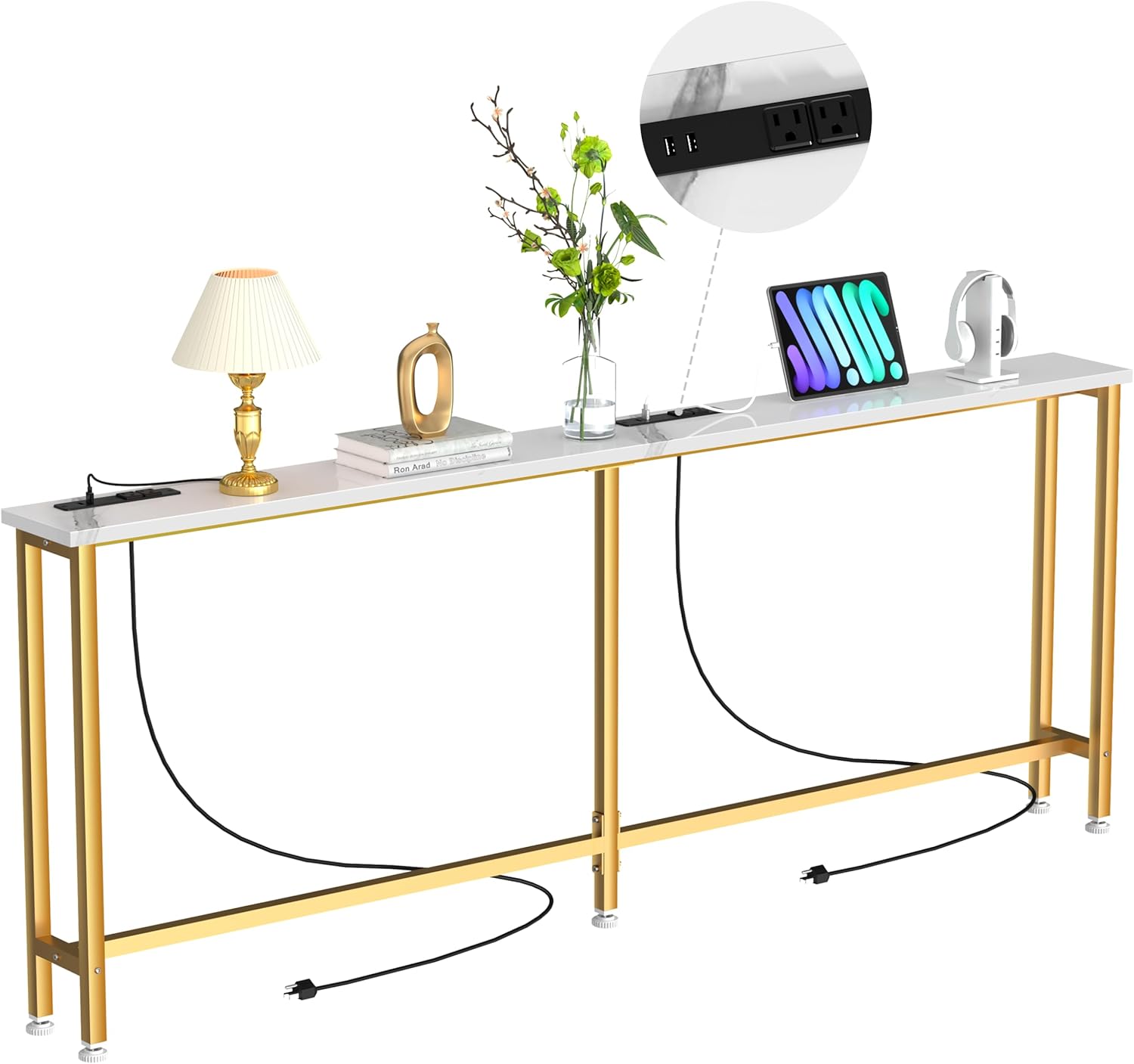 90Inch Console Table with Outlet, Sofa Table with Charger,Skinny Hallway Table, Narrow Entryway Table,Table Behind Sofa,for Living Room,Gold & White Gold & White 90IN