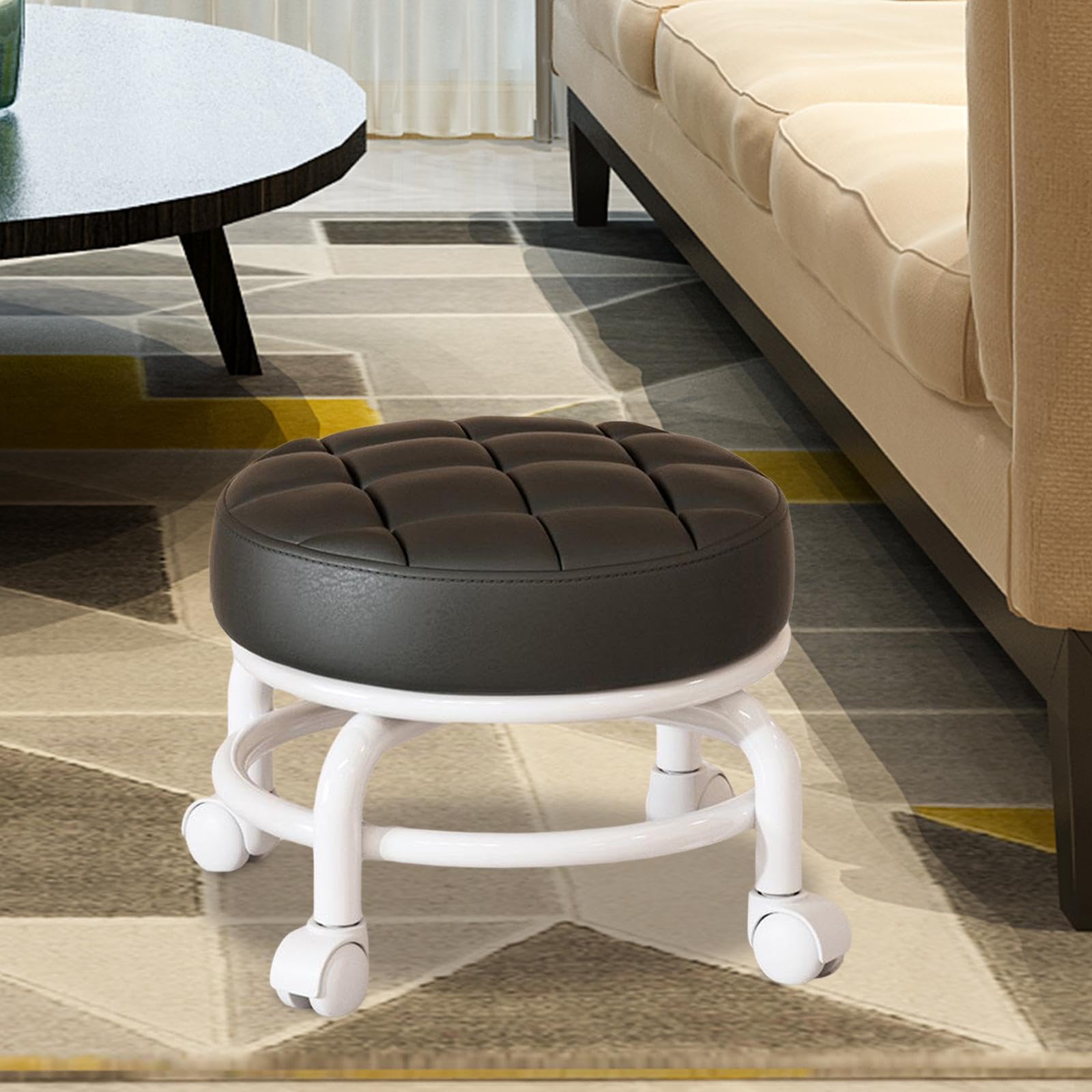 Qianly Tabouret de Siège à Roulettes Bas, Rotation 360°, Coussin Ergonomique, Mini Tabouret Mobile, Noir