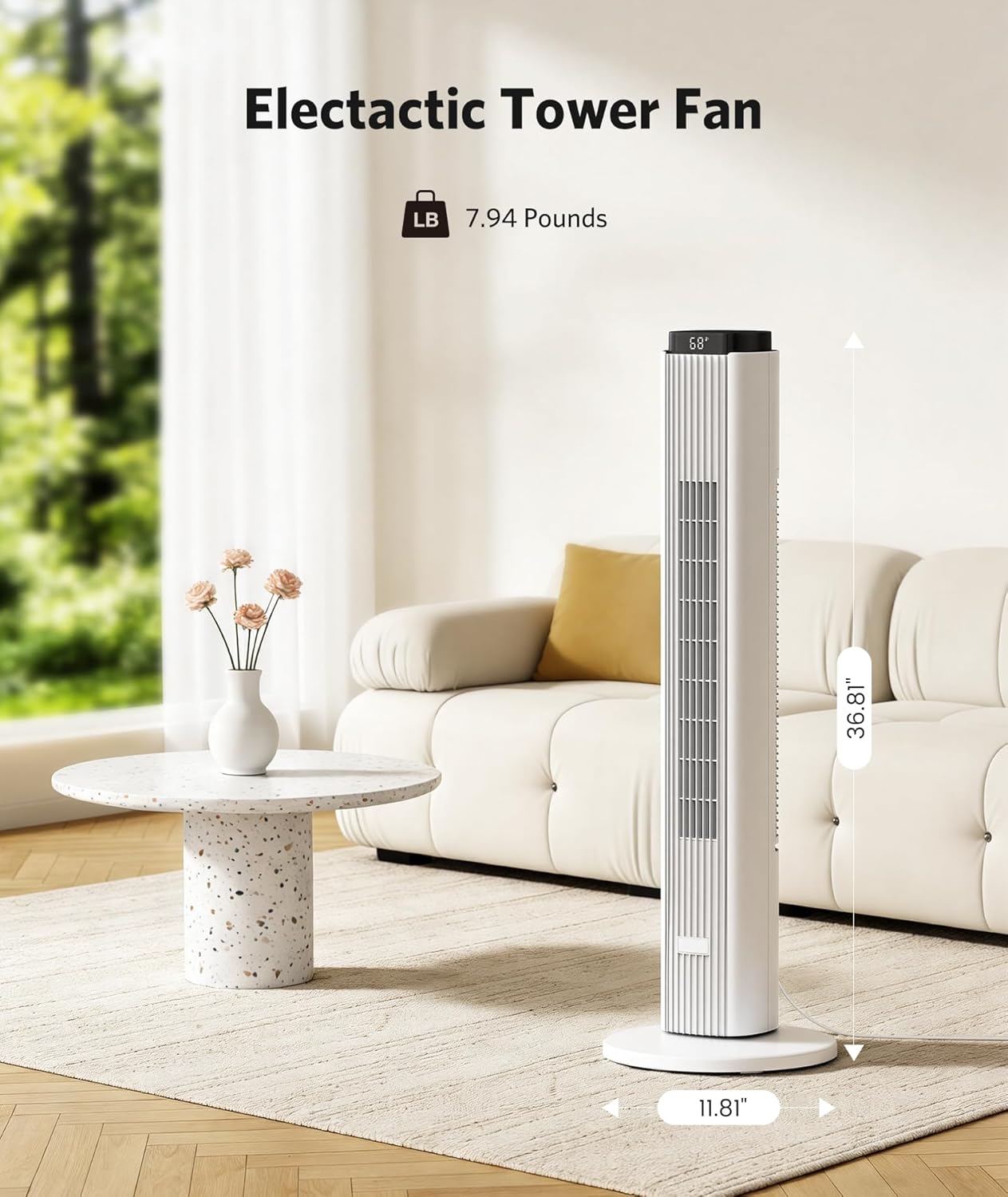 Electactic Tower Fan for Bedroom 23ft/s Electric Standing Fan with Remote Quiet Bladeless Oscillating Fan for Indoor, 4 Mode, 6 Speeds, 12H Timer for Home Office, 37", White