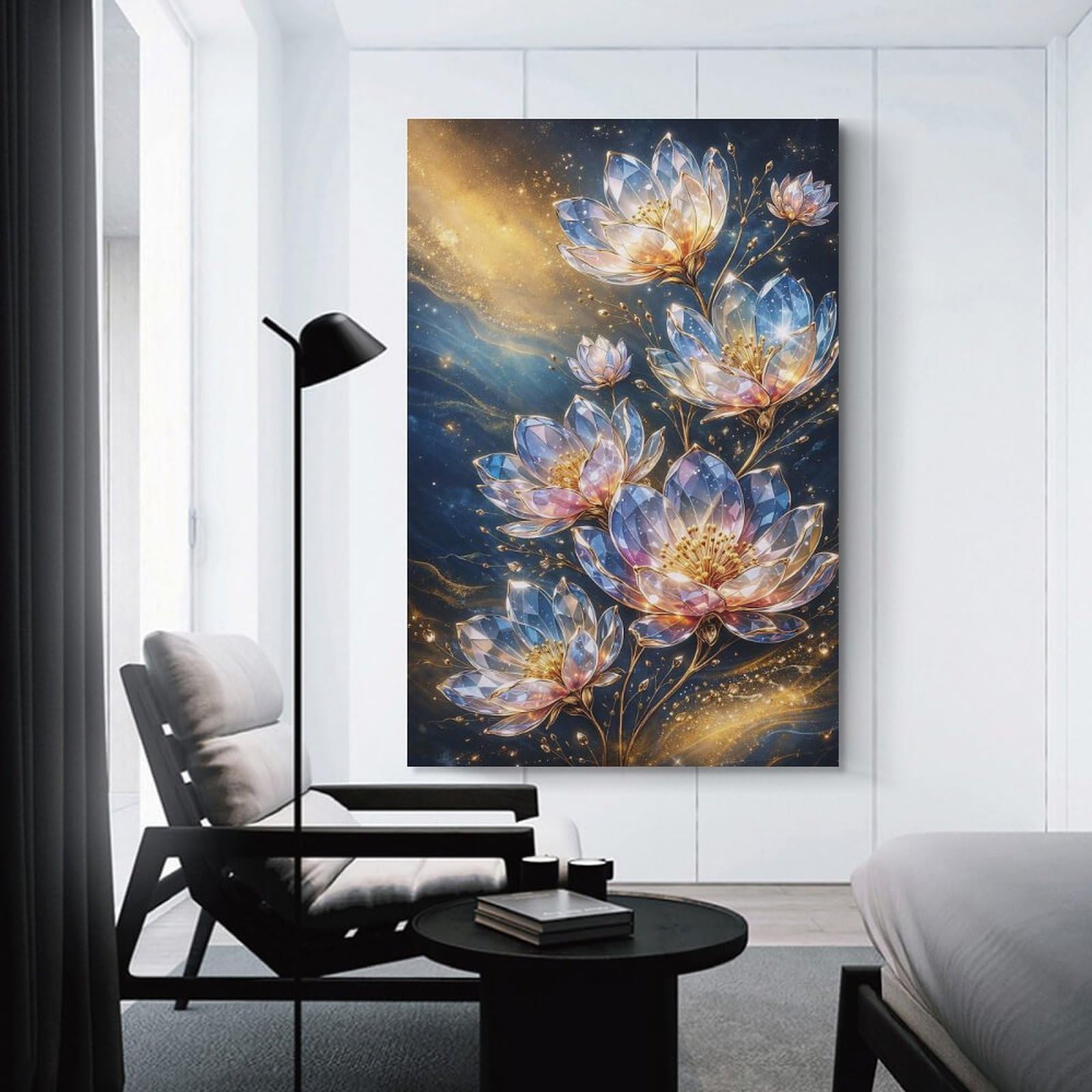 Junmoney Wall Picture Print Crystal Lotus Flowers in Cosmic Glow, 24x36inch(60x90cm), for Entrance Walls, Hall Decor Or Foyers, A Neat Decor Update for Hallways