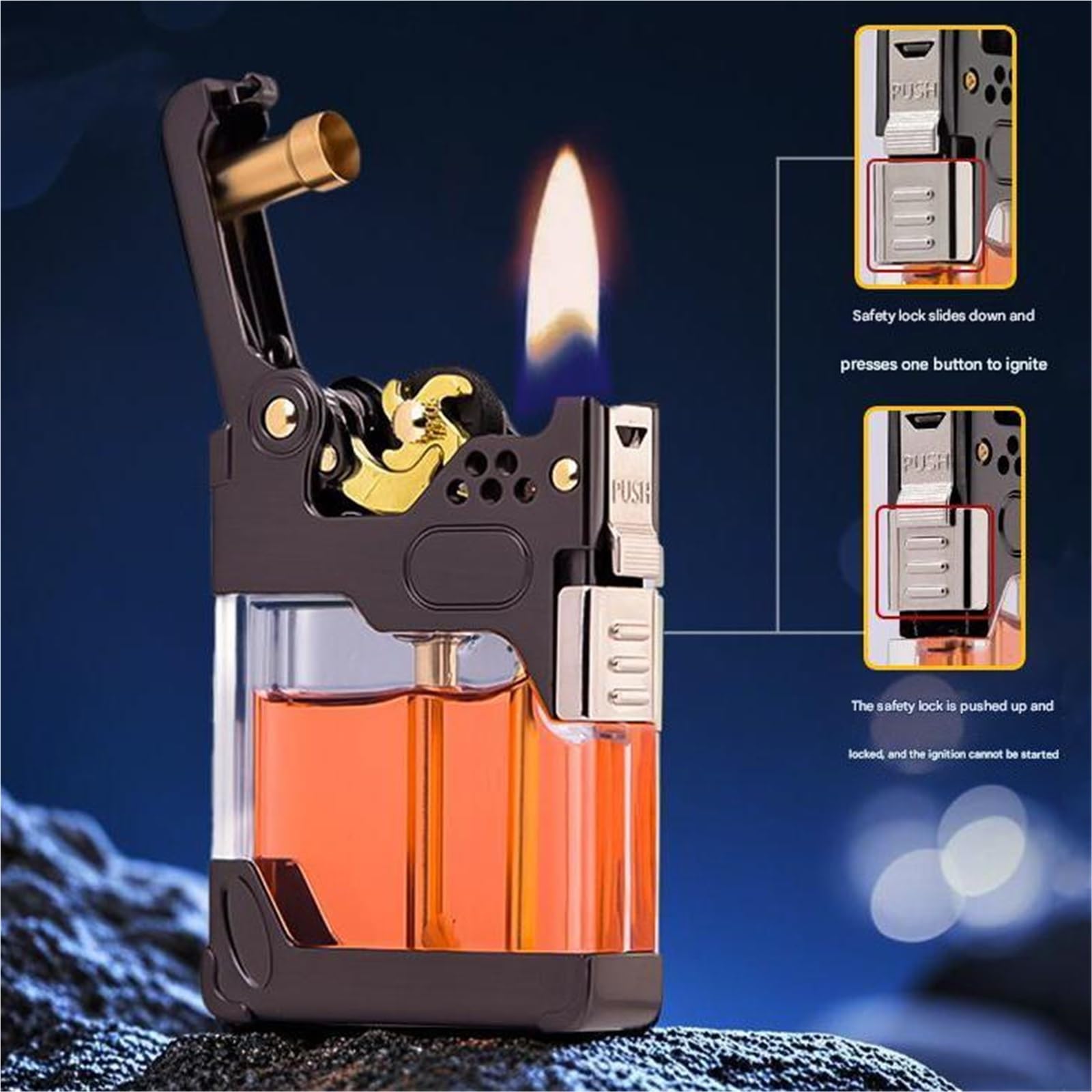 Mecha Briquet à kérosène en métal - Design rétro coupe-vent avec verrouillage de sécurité - Réservoir de carburant transparent - Idéal pour l'extérieur, les cadeaux et les collectionneurs