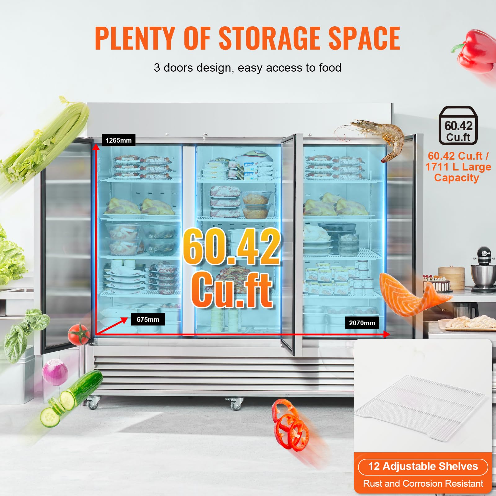 Happybuy 60.42 Cu.Ft Commercial Freezer - 82.5" Wide 3-Door Upright Reach-In Freezer With Auto-Defrost, 12 Adjustable Shelves, -13 To 5℉ Temperature Control, LED Lighting And 4 Wheels on Fridge.com - View 4