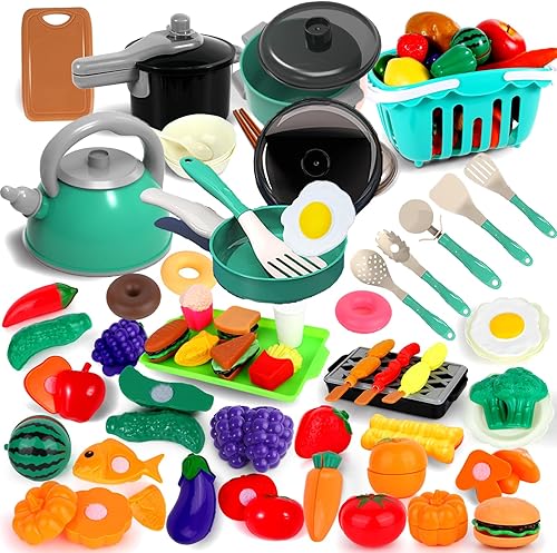 130 accesorios de juguete de cocina para niños, juego de cocina para niños con sartenes de juego de cocina de simulación, cesta de almacenamiento de