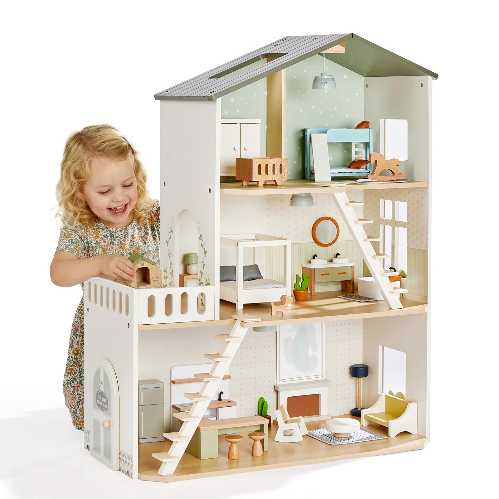 Giant bean Wooden Dolls House, Modern Dollhouse with Lights & 37 PCS Furniture Set – Nordic Style 3-Story Playhouse for Kids Age 3+, Doll House with Realistic Rooms, Gift for Girls & Boys — image 1