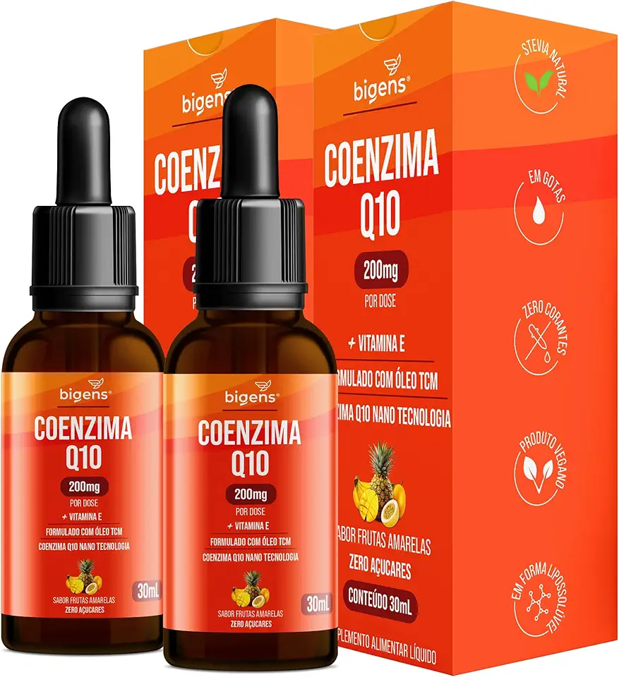 Coenzima Q10 200mg com Vitamina E e Óleo TCM, Sabor Frutas Amarelas, Zero Açúcares, Kit 2x 30ml Bigens.