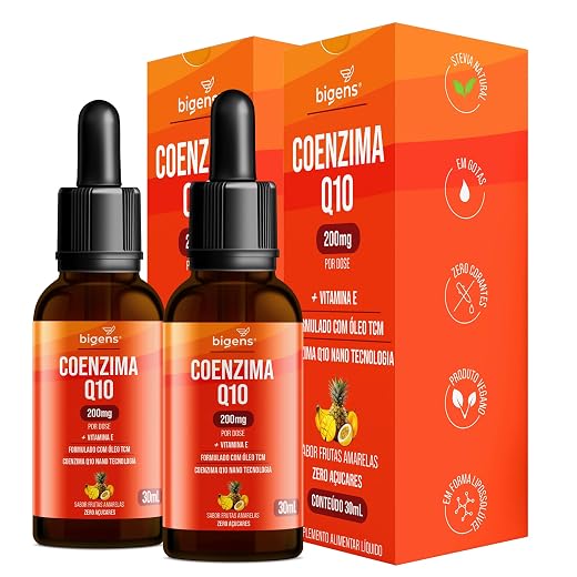 Coenzima Q10 200mg com Vitamina E e Óleo TCM, Sabor Frutas Amarelas, Zero Açúcares, Kit 2x 30ml Bigens.