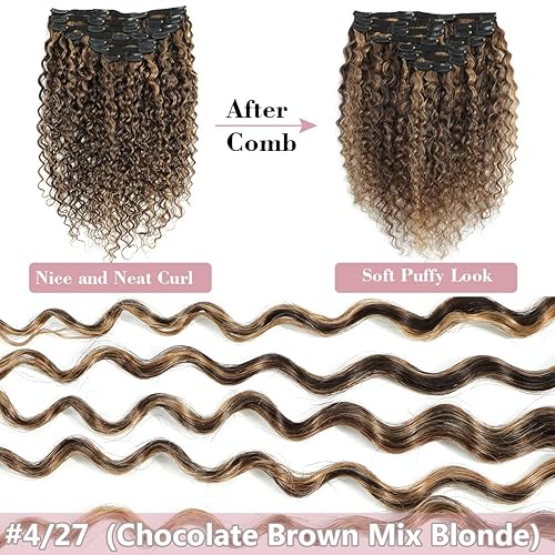 Miniatura 2 de Urbeauty Extensiones de cabello rizado natural, cabello humano ondulado con clip de triple trama, color marrón y rubio con reflejos - 10 piezas de