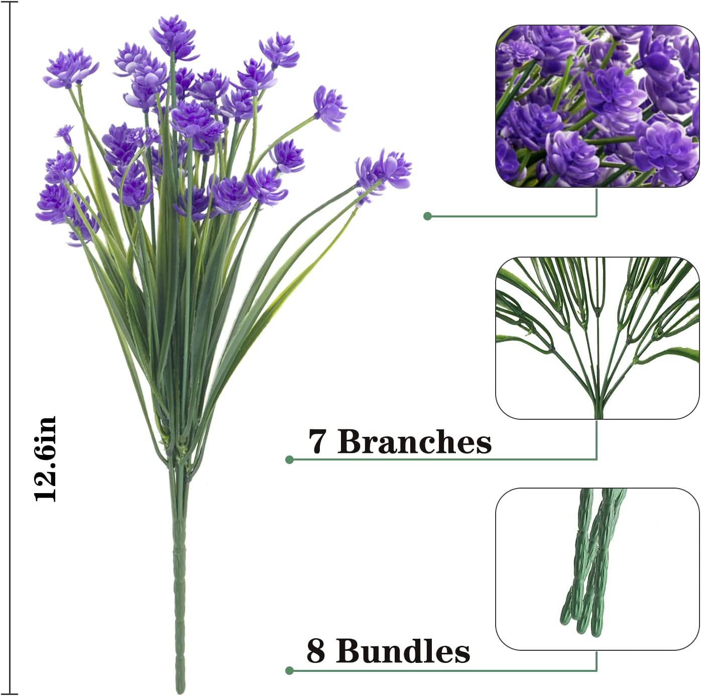 Outdoor Artificial Fake Flowers - 8 Bundles Plastic Flowers Outdoor Plants UV Resistant Faux Flowers for Indoor Outdoor Garden Hanging Porch Window Box Wedding Decor(Purple) - Image 2