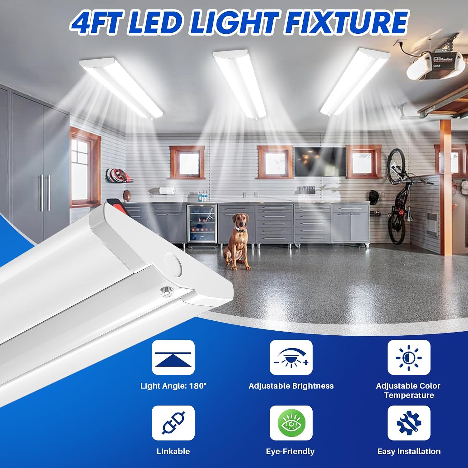 ANTLUX 4FT LED Wraparound Light Fixtures with 3 Wattages/3 Lumens/3 CCT Selectable, 30W/40W/50W Dimmable, 3000K/4000K/5000K 4 Foot Flush Mount LED Wrap Ceiling Lights for Office Kitchen, 4 Pack
