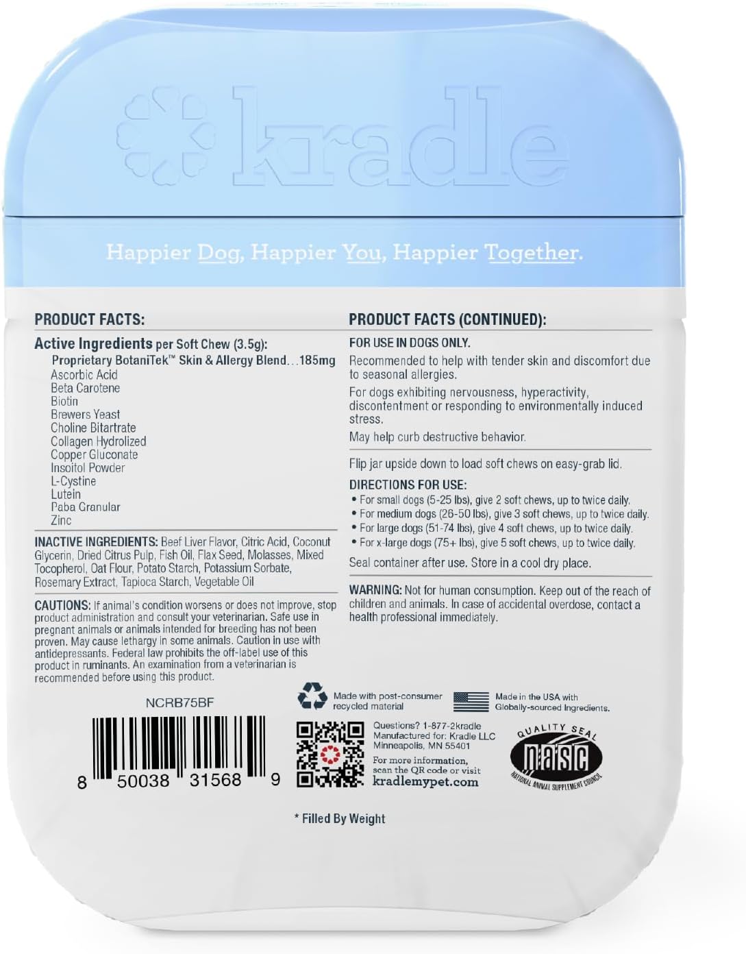 Kradle Skin Health Chews for Dogs - Biotin Collagen Brewers Yeast - Soothes Environmental Skin Irritation - 150 Chews