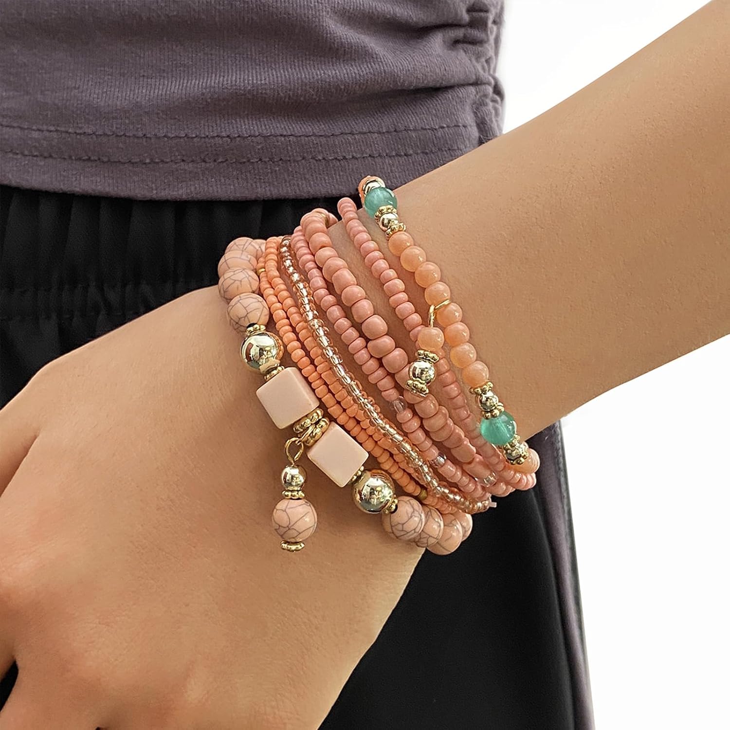 IFKM 8PCS Beaded Bracelets for Women, Multilayered Stackable Strand Stretch Bead Bracelet Pack Handmade Trendy Bohemian Charm Jewelry - Image 4