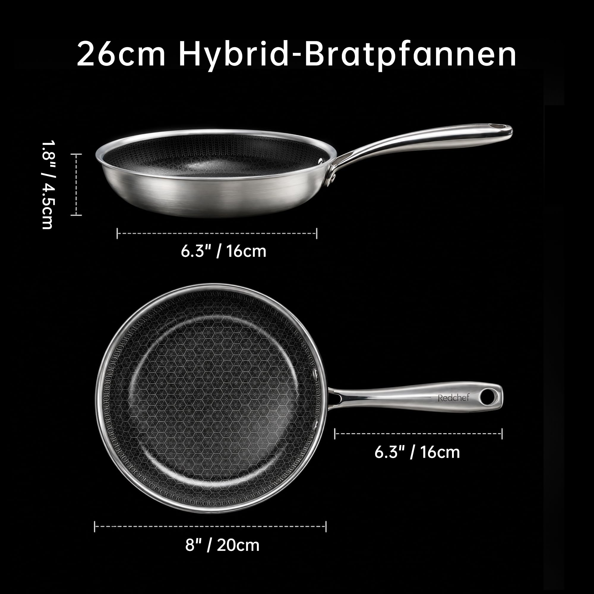 Redchef Hybrid Bratpfanne 26 cm – Edelstahl-Pfanne mit kratzfester Wabenstruktur und Keramik-Antihaftbeschichtung, PFAS- und PTFE-frei, induktionsgeeignet, backofen- und spülmaschinenfest