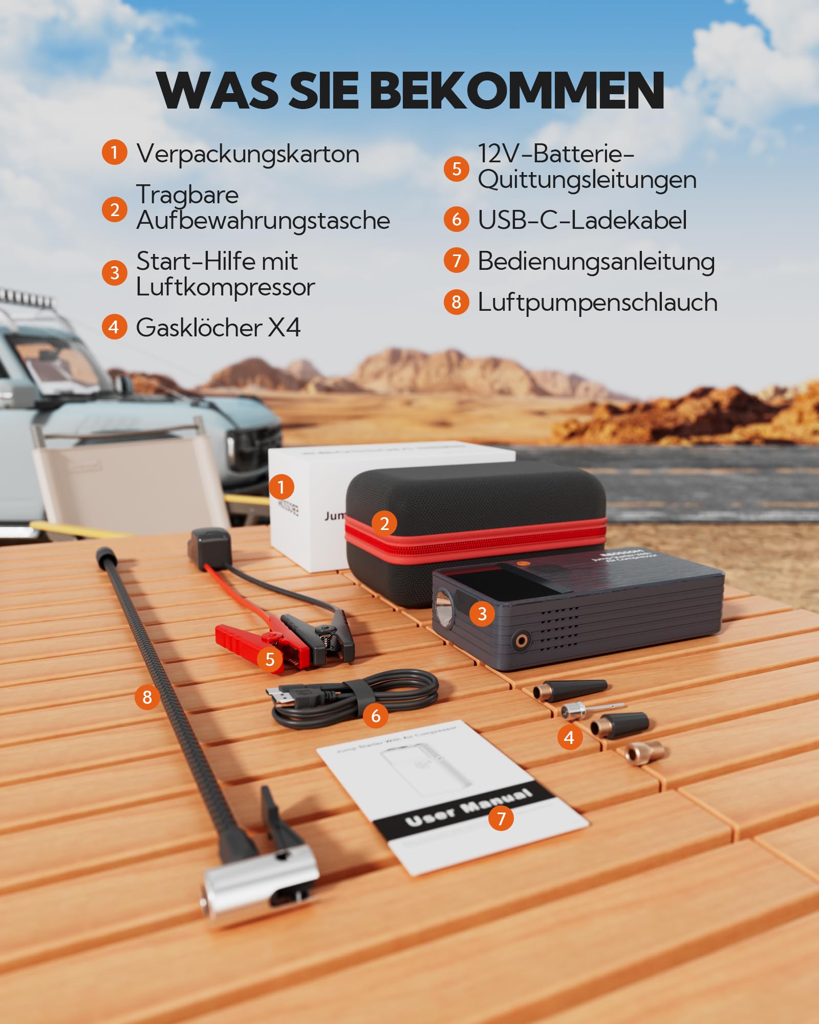Starthilfe Powerbank für PKW mit 7 in 1 Portablem Luftkompressor,Powerpack kfz Booster mit 12000 mAh,Auto Jump Starter Batterie mit LED Lampe und USB-C Ladung,Reiseset und Notfallwerkzeug