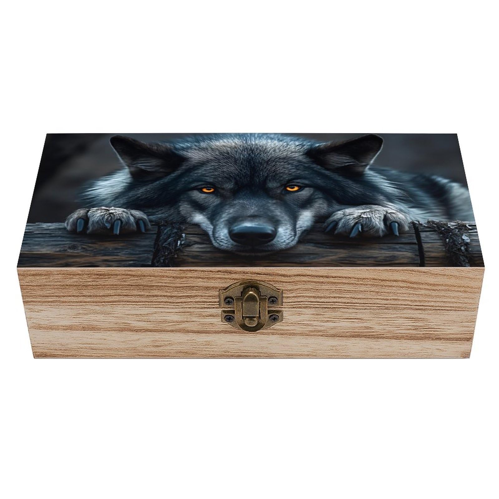 SMAZDFXX Wolf Animal Nature Wildlife Wooden Keepsake Box Vintage Solid Wood with Hinged Lid 7.9"×3.7"×2.3" Metal Latch Rustic Home Decor for Jewelry Photos And Trinkets