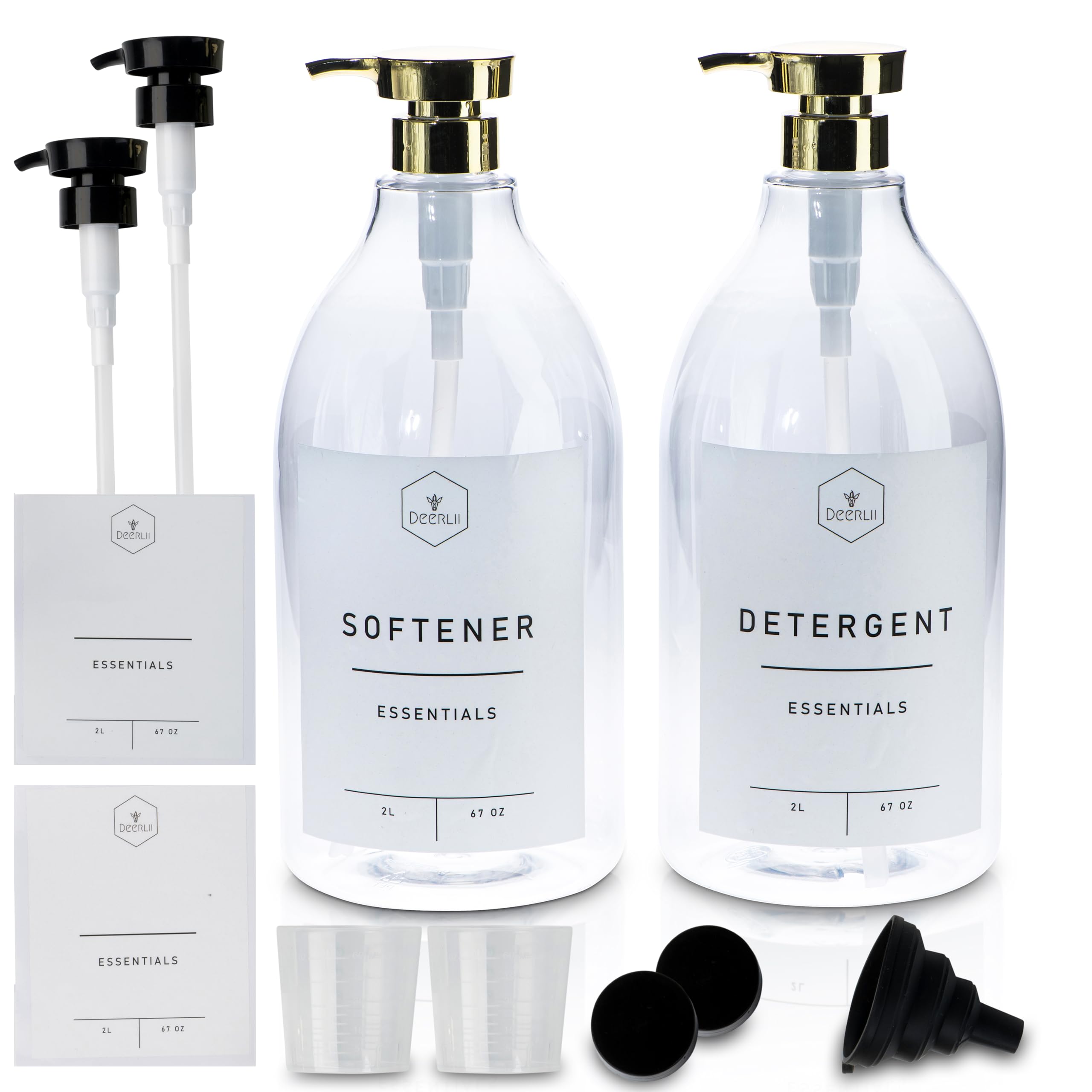 Photo 1 of Laundry Detergent Dispenser Set 67oz – Stylish Transparent PET Plastic Bottles – Gold and Black Pumps – Customizable & Childproof – Elevates Laundry Room Aesthetics with Detergent Bottle Kit