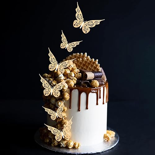 Miniatura 5 de 24 adornos metálicos de mariposa dorado champán para cupcakes, efecto 3D, decoración de mariposas de tamaño mixto, calcomanías de mariposa ahuecadas