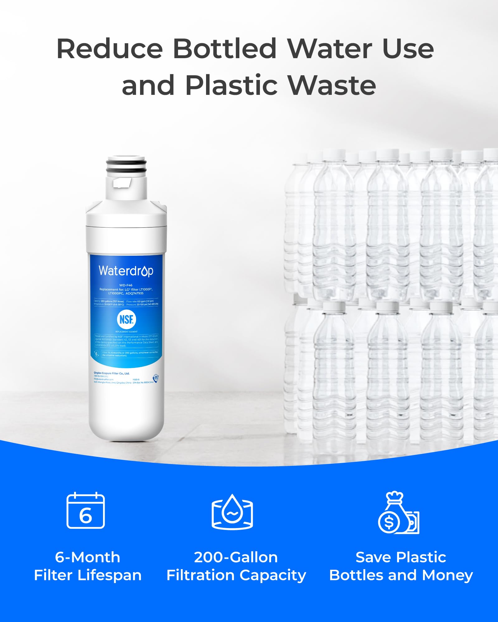 Waterdrop LT1000PC ADQ747935 MDJ64844601 filtr wody do lodówki, zamiennik dla LG® LT1000P®, ADQ74793501, ADQ74793502, Kenmore 46-9980, 9980, certyfikat NSF, opakowanie 3 szt