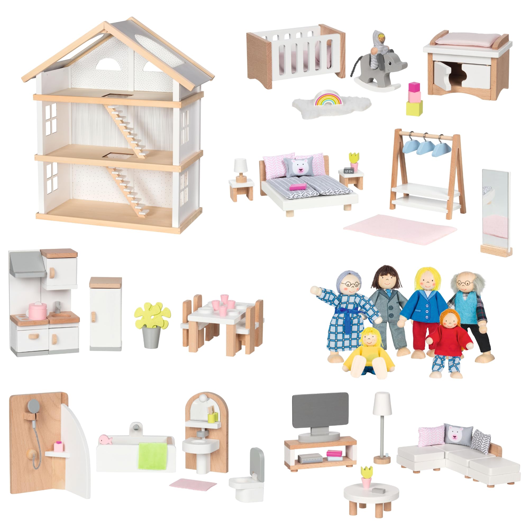 goki 6647 - Puppenhaus Set Lifestyle XL, 72 Teile aus Holz & Textil, Möbelset mit Zubehör, Biegepuppenfamilie, Küche, Badezimmer, Schlafzimmer, Wohnzimmer, 65 x 35 x 88cm, ab 3 Jahre