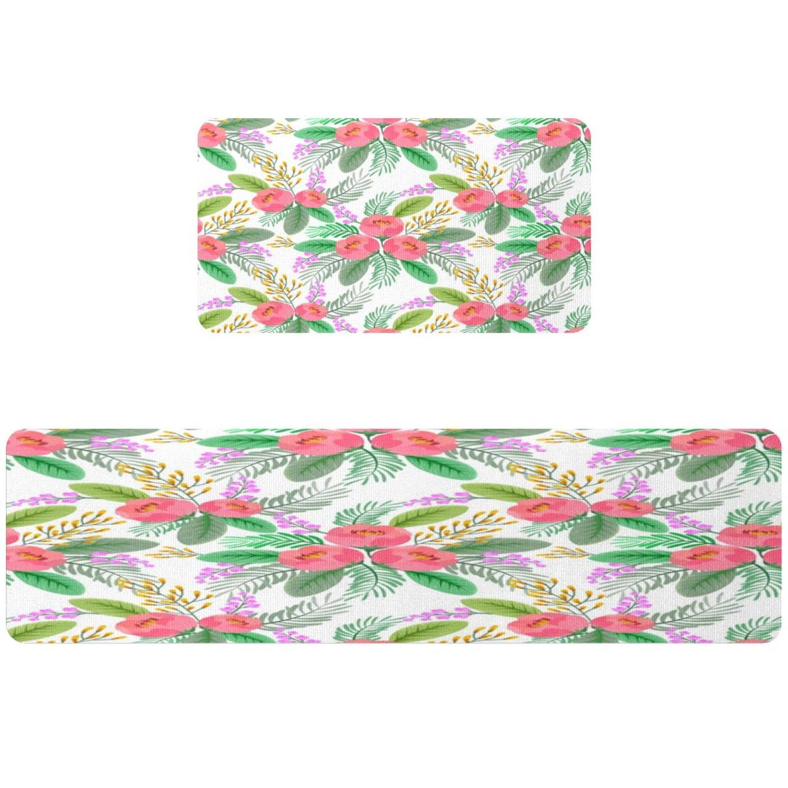 2 tapetes de cocina VAPOKF con diseño floral rosa antideslizante y lavable