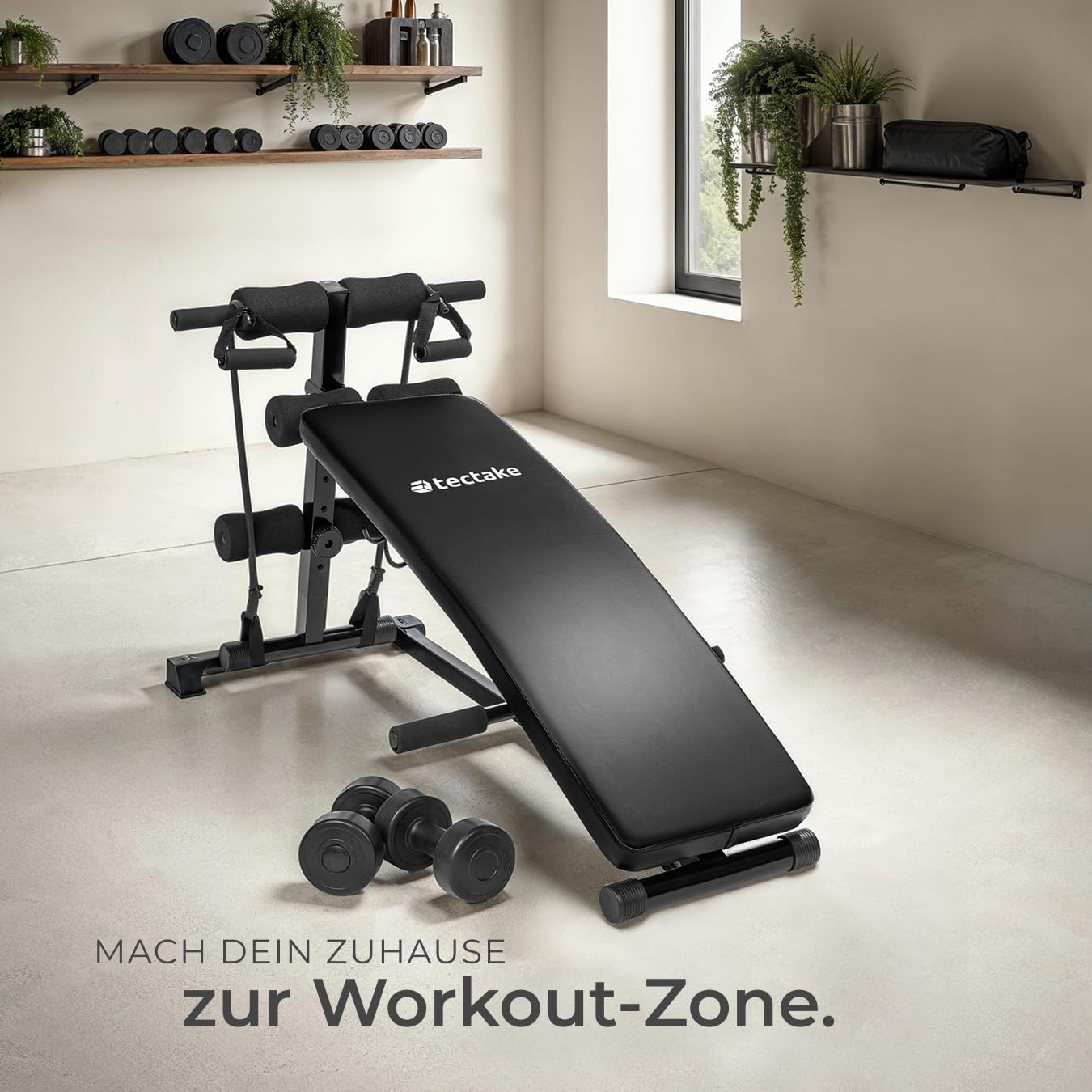 tectake® Bauchtrainer, multifunktionale Sit-Up Bank, Fitnessgeräte für zuhause, höhenverstellbar, Hantelbank klappbar, inkl. Hanteln und Trainingsseilen, Fitness Geräte für Home Gym Equipment