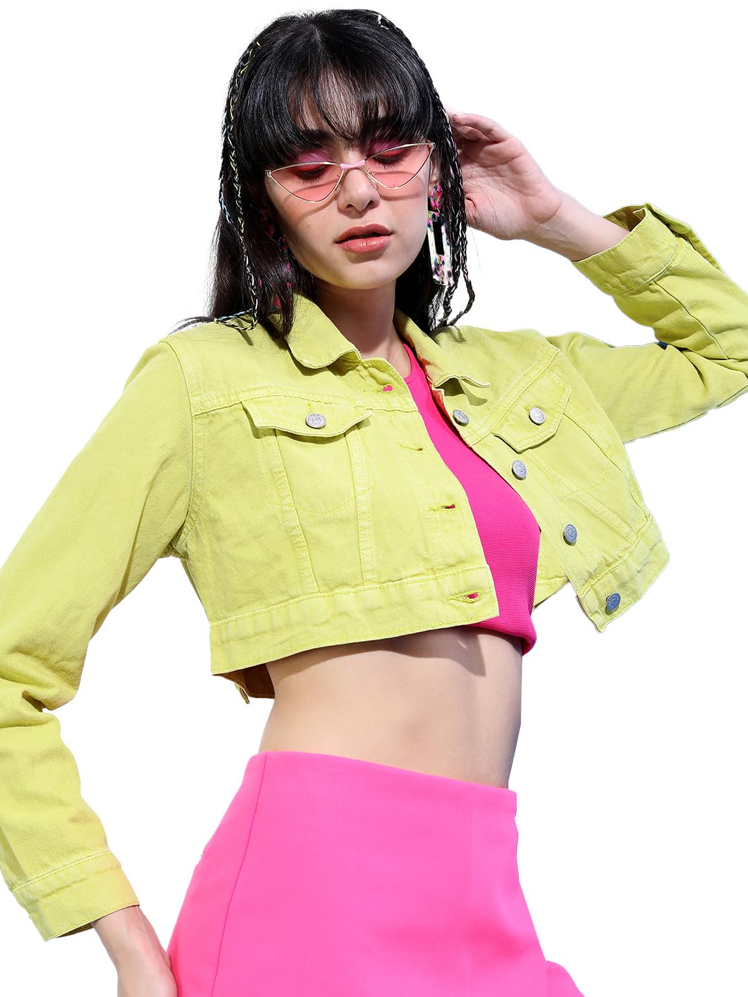 Tokyo Talkies Women Turquoise Blue Solid Crop Denim Jacket in blue