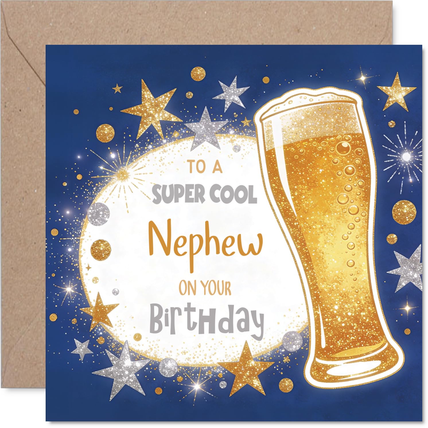 Cheeky Birthday Card for Nephew - Raise a Toast to Mischief - Glittery Beer Glass with Gold and Silver Stars - 145mm Square, Envelope Included