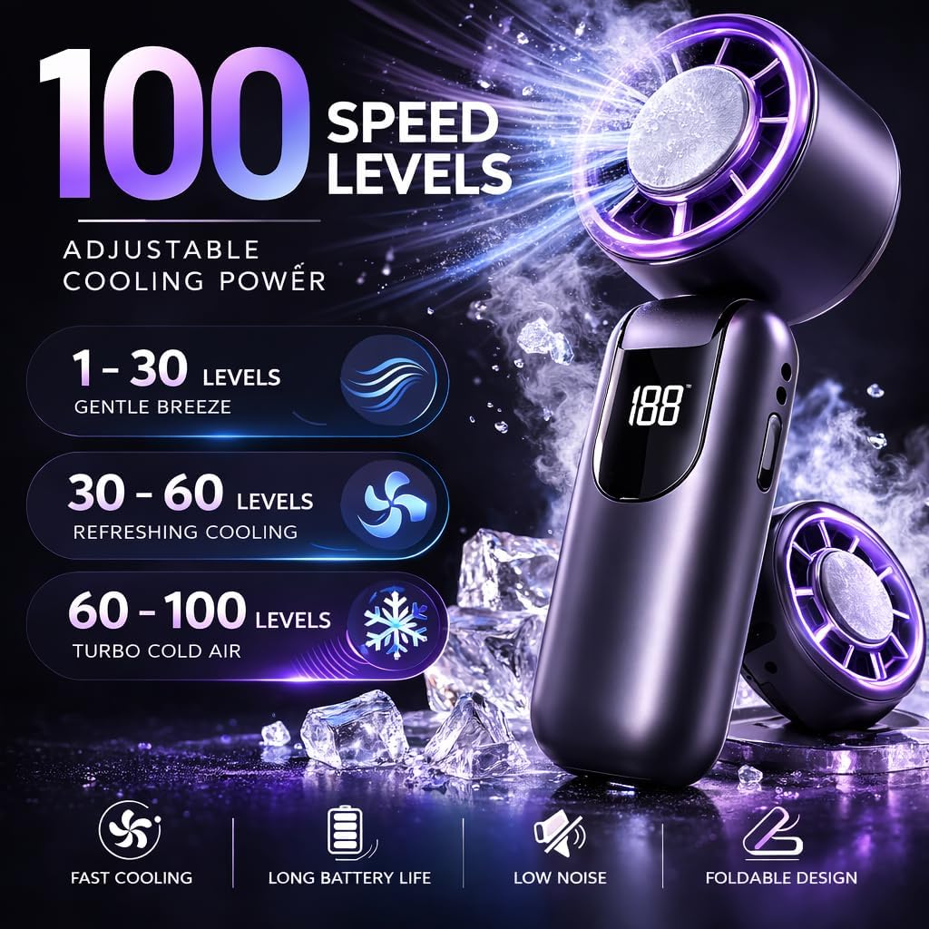 LWW Handheld Cooling Fan with Ice Cooler, 100 Adjustable Speeds Turbo Portable Fan, Rechargeable Personal Fan that Blows Cold Air, Mini Pocket Fan for Travel, Outdoor & Hot Flashes(grey)