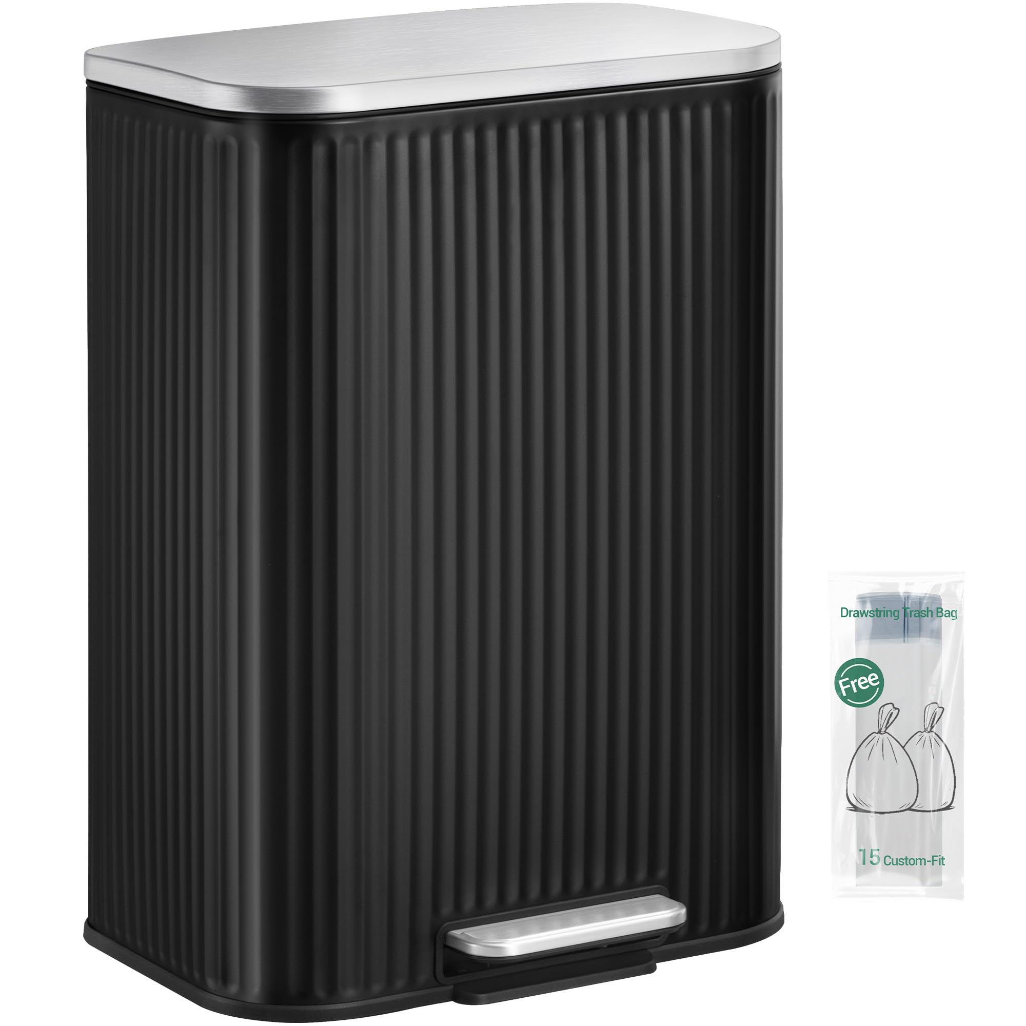 Hzuaneri Kitchen Bin, 50L Rubbish Bins for Kitchen, kitchen Pedal Bin with Soft Close Lid, Removable Inner Bucket, Stainless Steel Trash Bins with Vertical Stripe Design, Black, SW15199B
