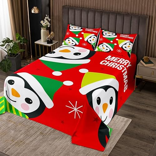 Juego de colcha de Navidad para niños, tamaño King, diseño de pingüinos de dibujos animados, animales árticos, decoración de habitación de niños y