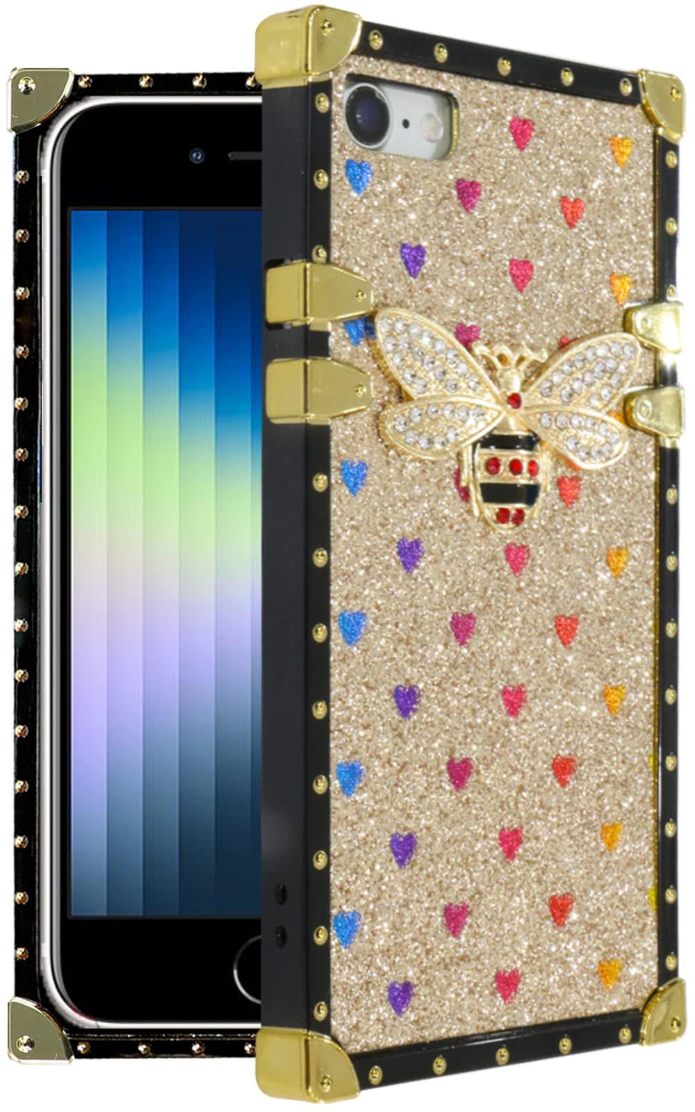 Compatible with iPhone SE3 case 2022 Trunk Square Edge Bling Glitter Girly Phone Cover SE2022 SE 3rd Generation Cute bee Luxury Women Sparkly Girls Rectangle Box Stylish 4.7 inch (Gold)