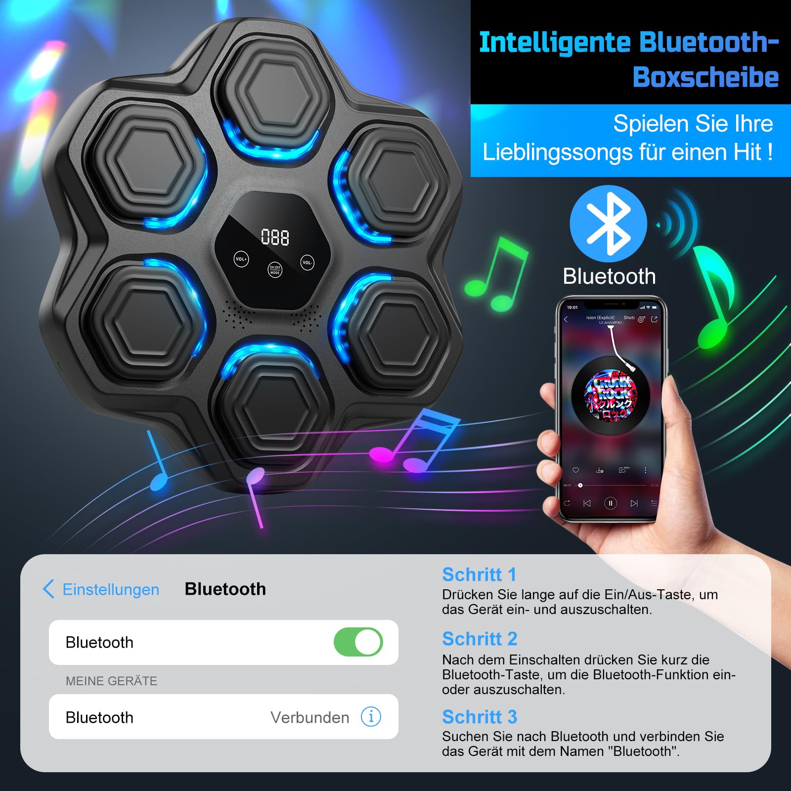 Music Boxing Machine Beatpunch LED Elektronische Musik Boxen Maschine mit Boxhandschuhen, Smart Wandmontierte Boxmaschine mit Musik für Erwachsene und Kinder, Musik Boxtraining für Zuhause, Indoor