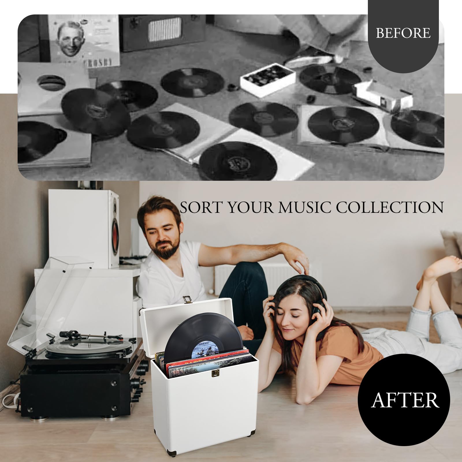 Coffre pour Vinyls de Rangement et Transport avec Serrure - Capacité 45 Disques - Malletín de Protection pour Collection, Blanc