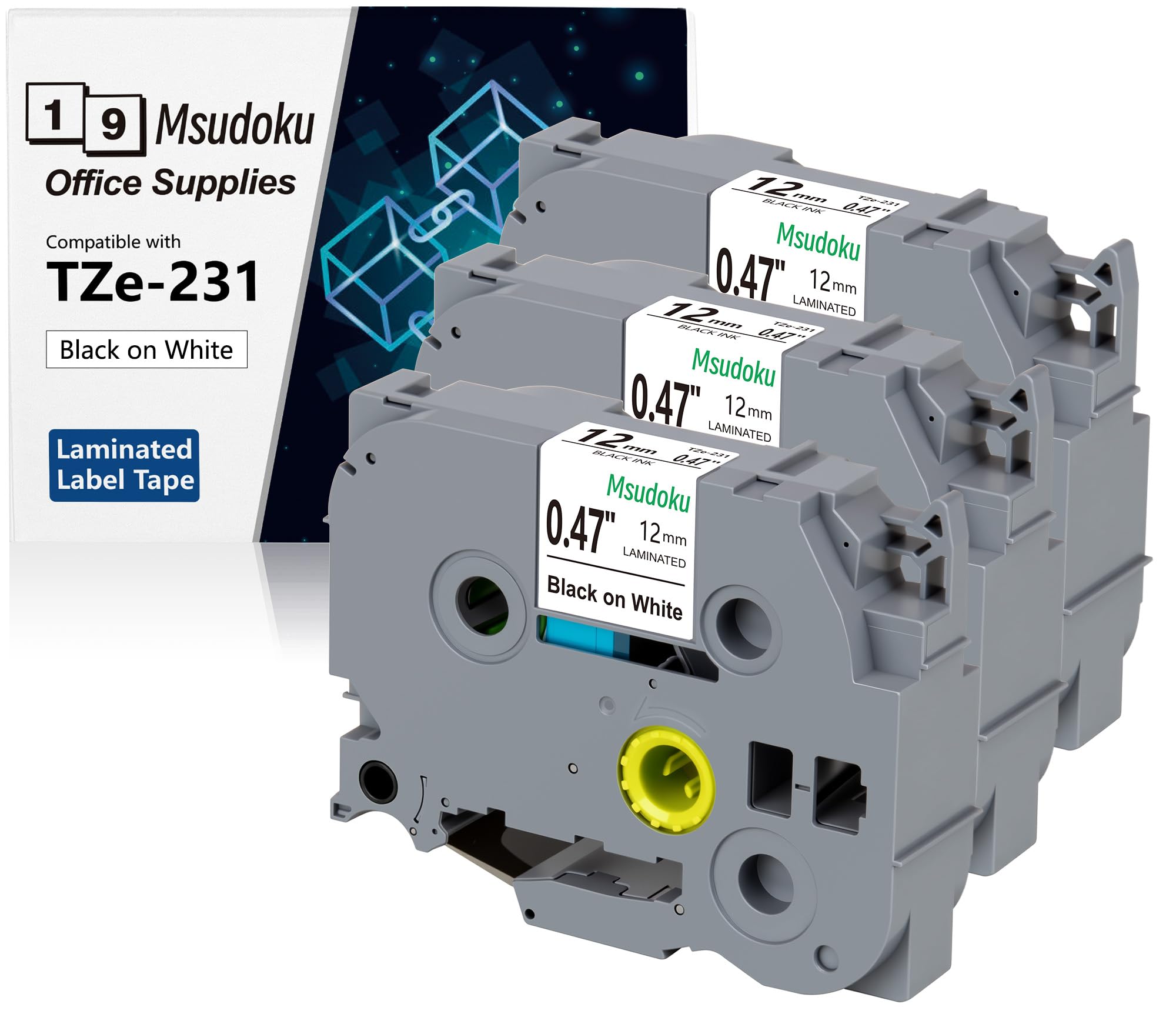 Msudoku 3-Pack TZ Tape 12mm 0.47 x 26.2 Laminated White Tape Compatible for Brother Label Maker Cassette for PT PTH110 PTD410 Black on White