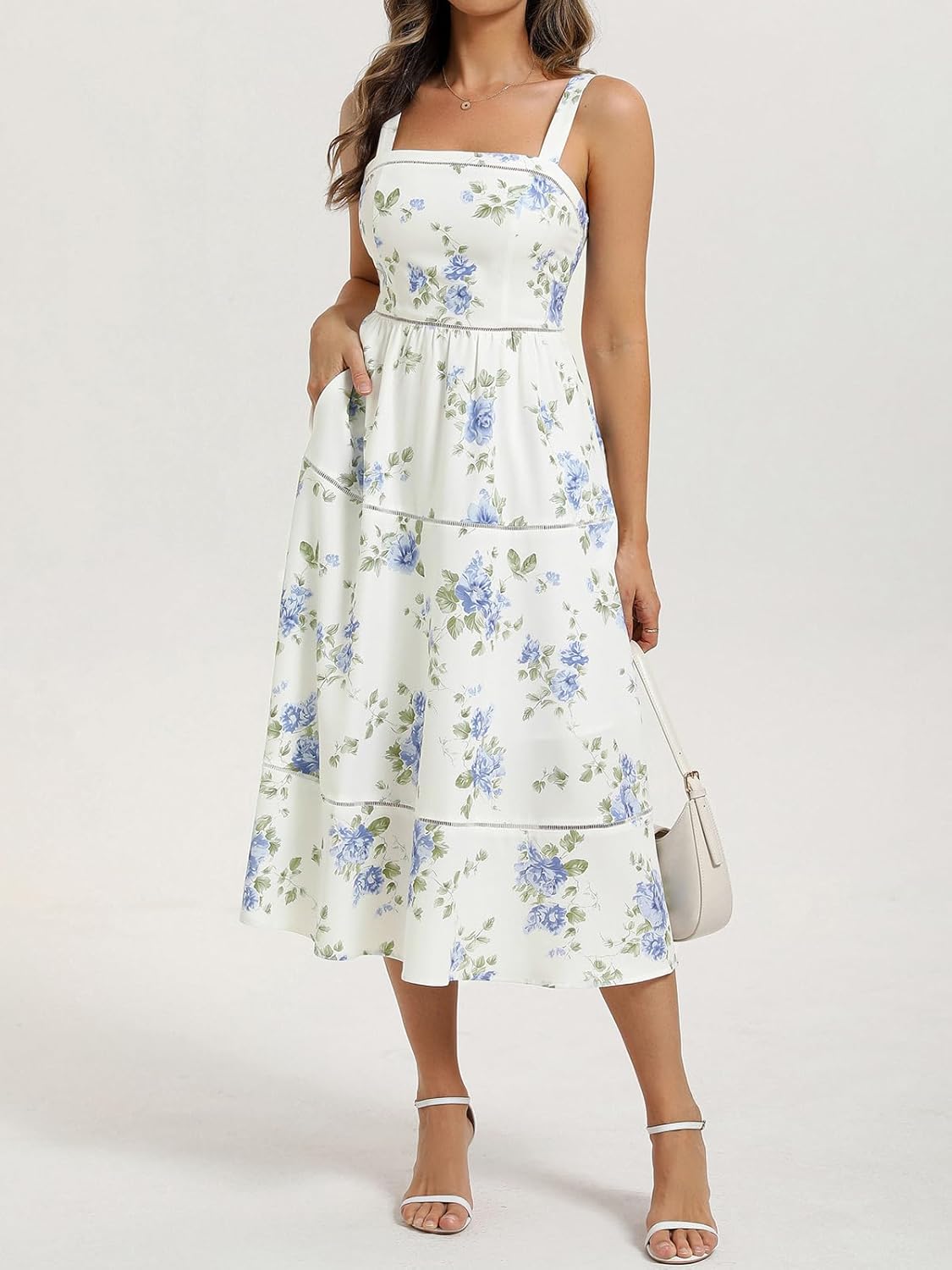 Belle Poque Floral Tiered Dress Women Square Neck Vintage Midi Spring Summer Tea Garden Party Sun Dresses with Pockets
