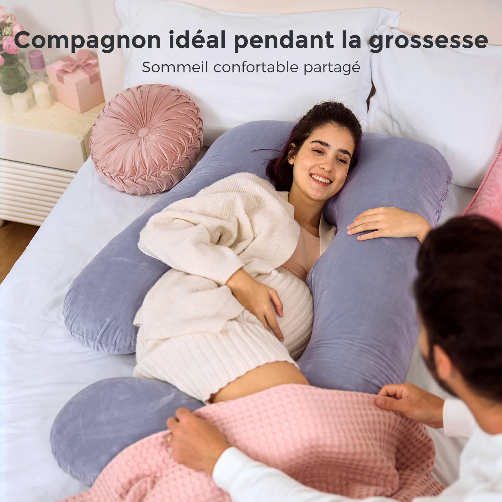 momcozy Coussin de Grossesse, en Velours Cristal, en Forme de U, pour Dormir sur Le côté, 145 cm, soulage Le Dos et Les Hanches