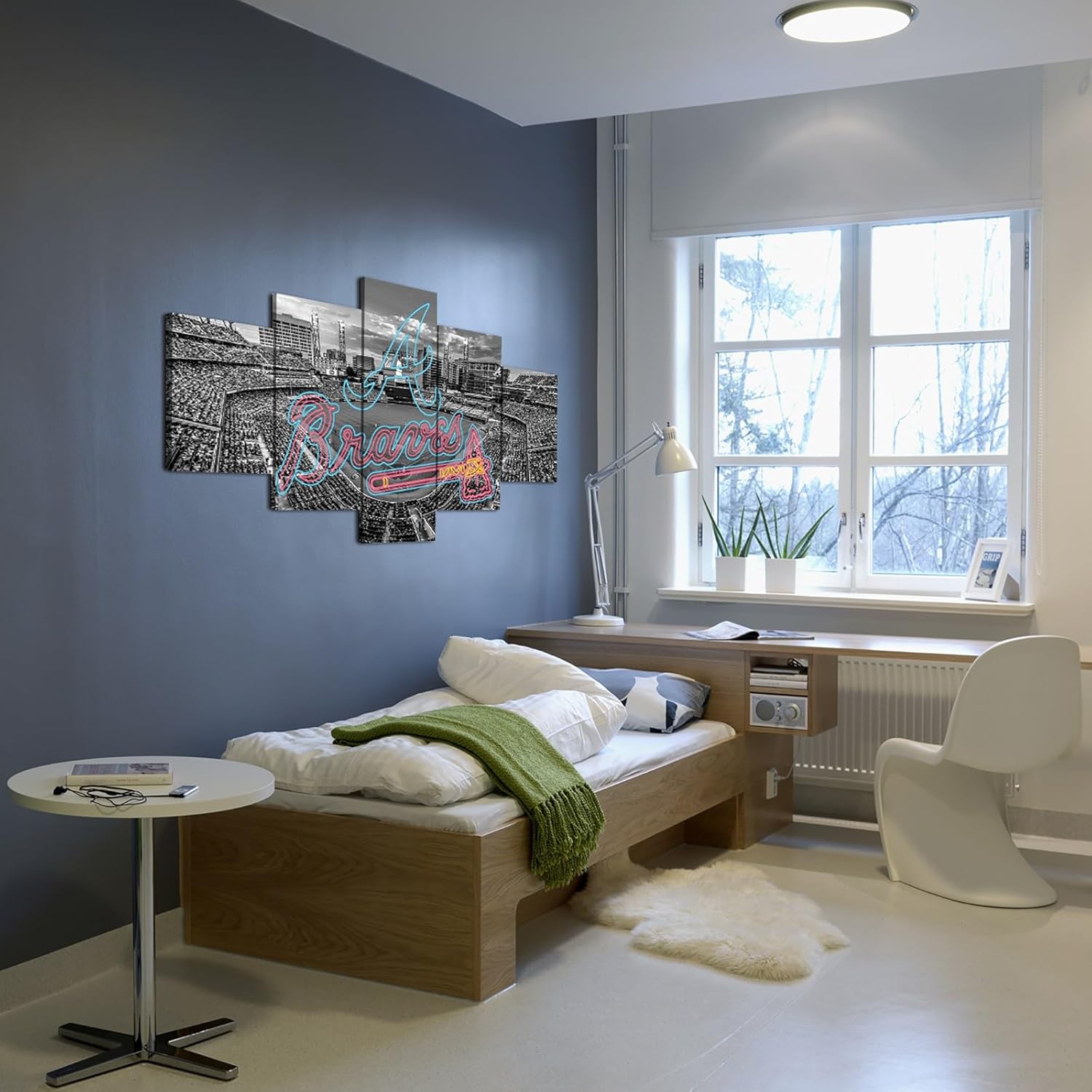 Atlanta Baseball Stadium B&W Panoramic Poster With Neon effect Braves Sign (5-Panel Framed Canvas Printing Full Size: 60x100cm) Home Decor Man Cave Wall Art - Image 7