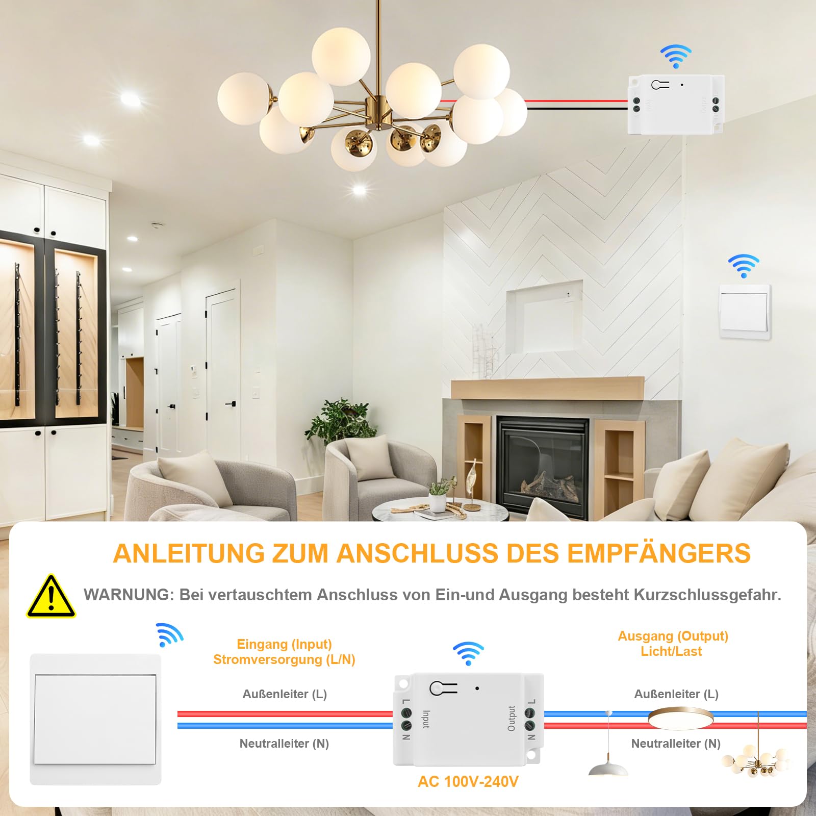 Lot d'interrupteurs sans fil 230 V, auto-alimenté, sans batterie, avec récepteur, 433 MHz, pour salon, cuisine et salle de bain, pas de nouveau câblage, 1 récepteur et 3 interrupteurs