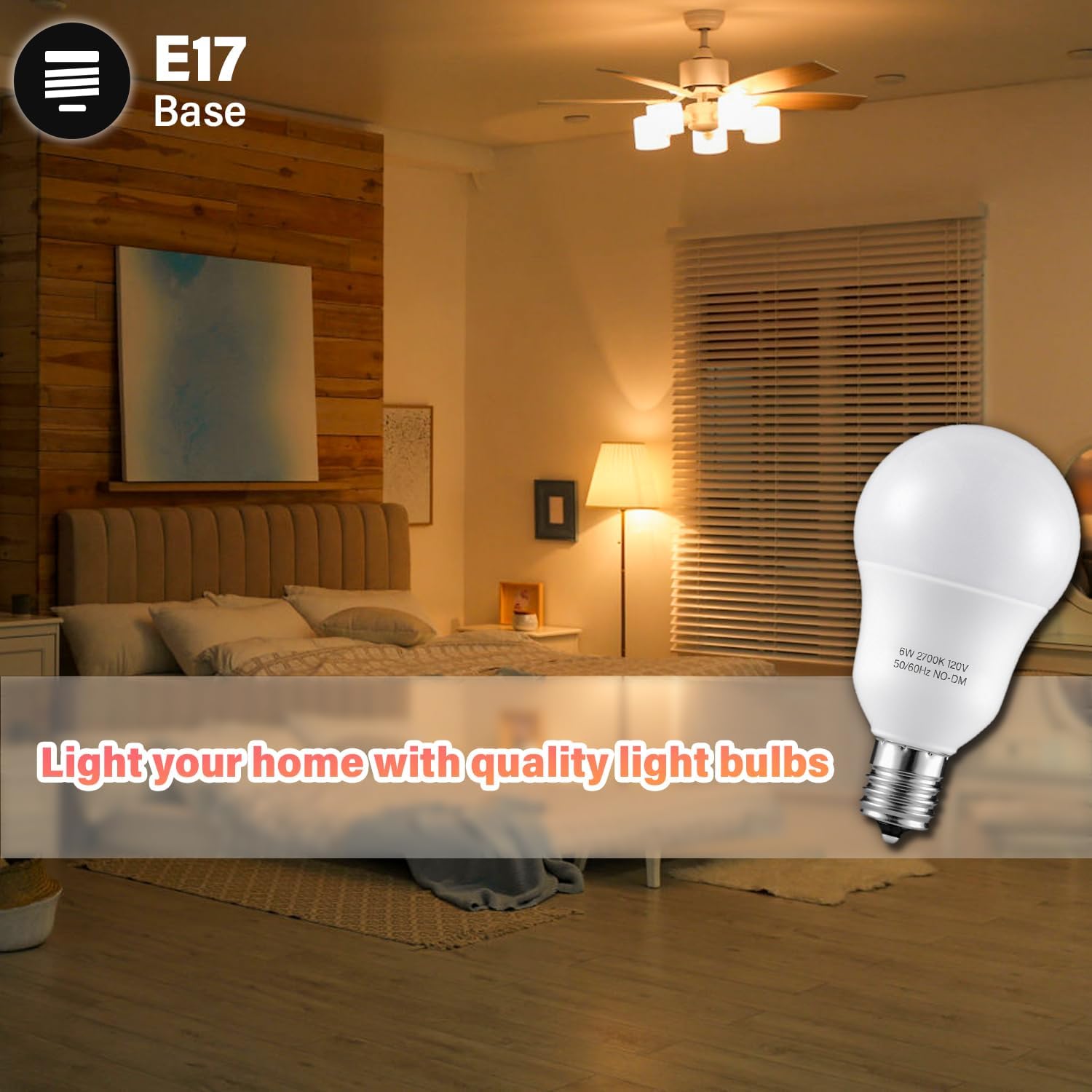 E17 Intermediate Base LED Light Bulbs, 6W(60 Watt Equivalent), Warm White 2700K, 600lm, G14 LED Bulb for Ceiling Fan, Non-Dimmable, Pack of 4