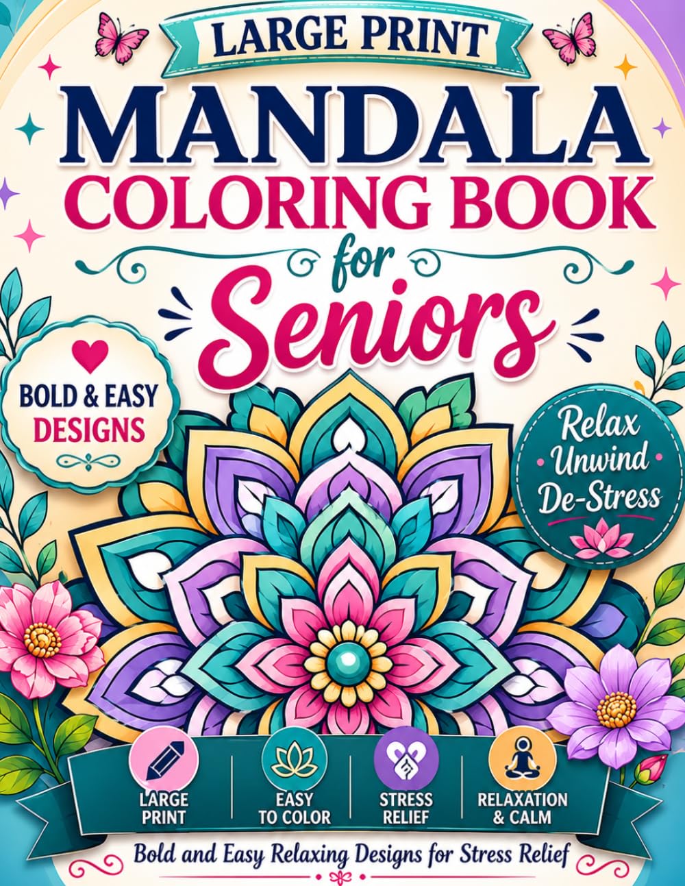 Large Print Mandala Coloring Book for Seniors: Easy Bold Designs for Stress Relief, Relaxation, Focus, Low Vision, Dementia & Al: Simple Therapeutic ... Anxiety Relief, and Easy Coloring for Se