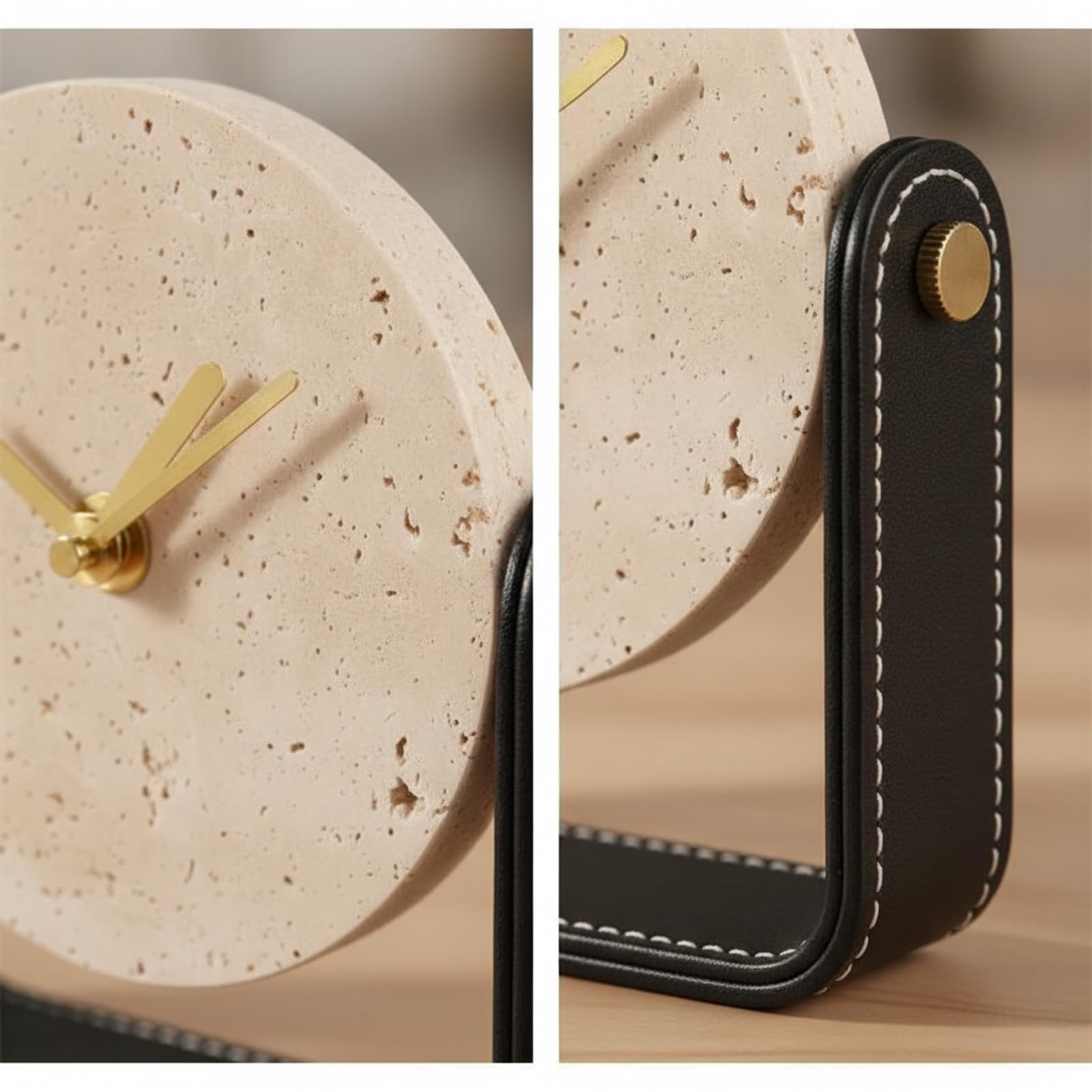 Tischuhr mit Metallständer Modern Dekouhr mit Steineffekt Minimalistisch Standuhr für Wohnzimmer, Büro