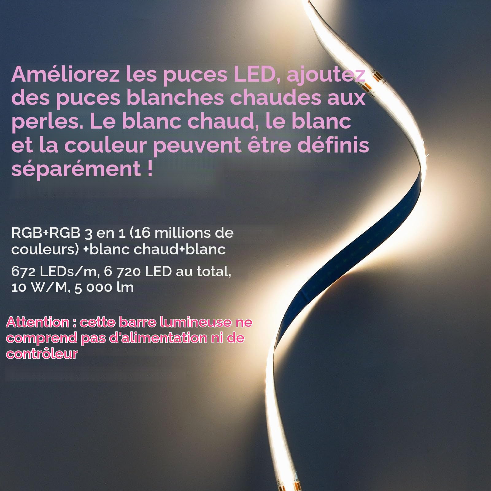 10M COB Wifi Ruban Led Sans alimentation électrique,Led Chambre RGBW+Blanc chaud 672led/M DC24V, Led Ruban Bande Led Multicolore Sans alimentation électrique LED bande