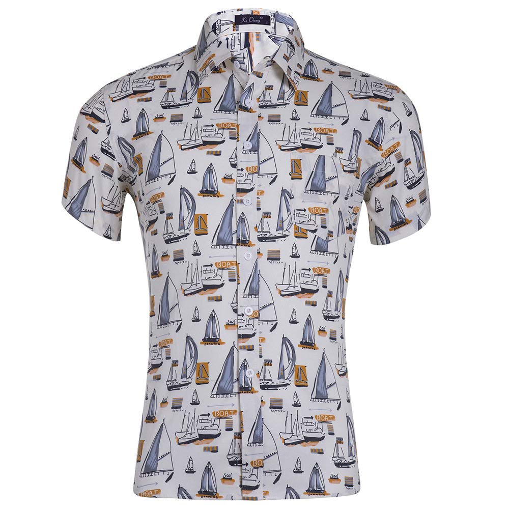Camicia Maniche Corte Uomo, Camicie Casual da Uomo Stampa Creativa con Barca A Vela Camicia Hawaiana Bianca Camicia A Maniche Corte con Colletto Cubano Camicia da Spiaggia da Uomo Button Down Top PE