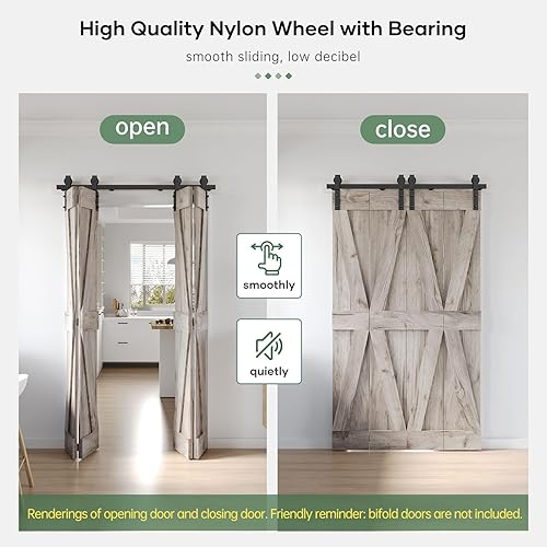 Miniatura 6 de Kit de riel de herrajes para puerta corrediza de granero plegable de 58 pulgadas, rodillo en forma de J negro montado lateral, suave y silencioso,