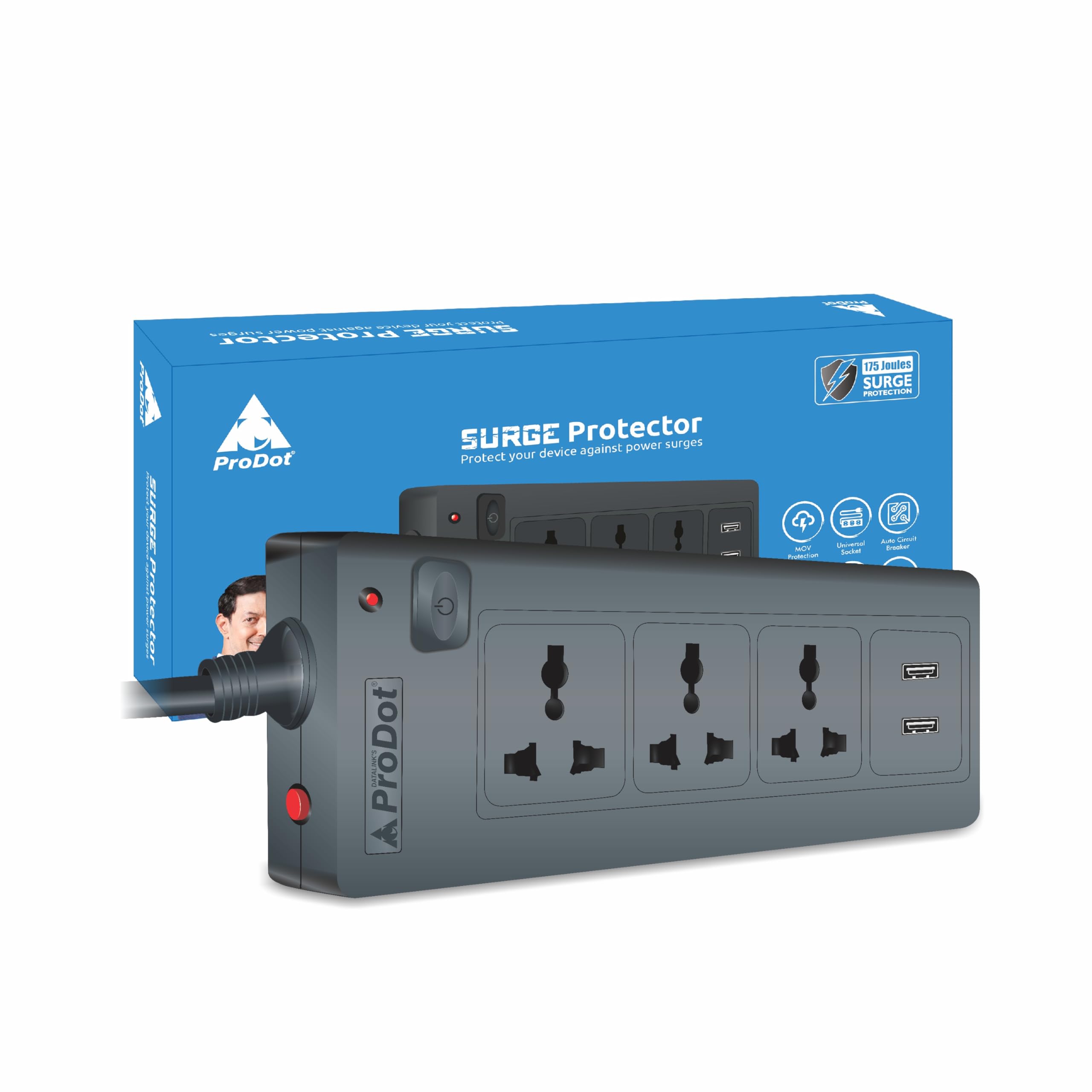 ProDot Power Spike Guard, Strip Surge Protector with Master Switch and 3 Outlets with 2 USB, Heavy Duty Extension Cord for Home, Office, Travel & Phone Charging Bricks (2.5 Meter)-picture-13