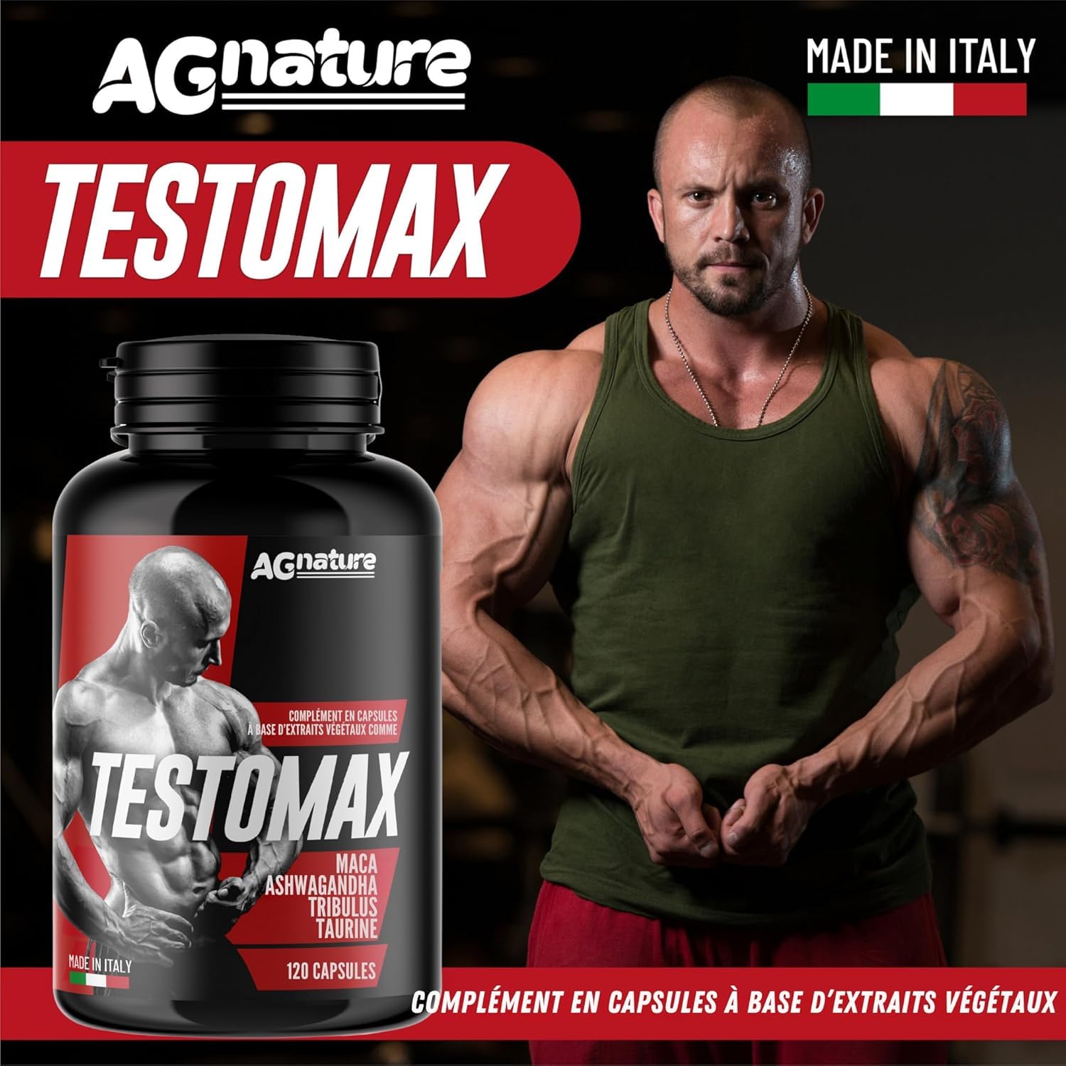 AG nature Testosterone Homme Fort pour Musculation 120 Pilule | Complément Alimentaire Puissant avec Tribulus Terrestris Maca Ginseng Gingembre Zinc