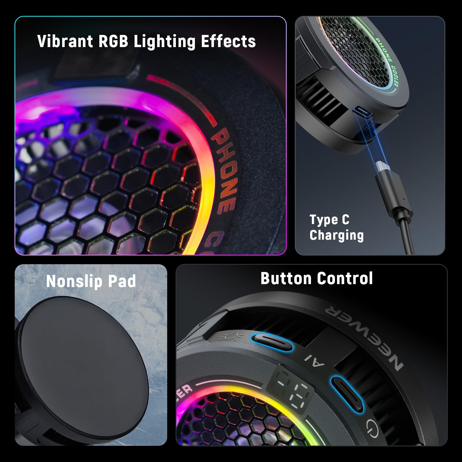 NEEWER BASICS RGB Phone Cooler Magnetico,Low Noise Ventola Raffreddamento USB per Gaming,Controllo Temp Smart,Anello Magnetico Compatibile con iPhone 15 16 17 Pro Max MagSafe Samsung S26 Ultra,PA069